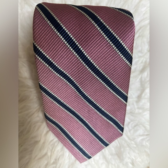 DIOR SIGNATURE NAVY & PINK STRIPED CLASSIC LUXURY 100% ITALIAN SILK TIE - Picture 4 of 6
